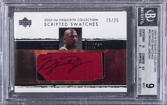 2003-04 UD "Exquisite Collection" Scripted Swatches #MJ Michael Jordan Signed Game Used Patch Card (#25/25) – BGS MINT 9/BGS 10